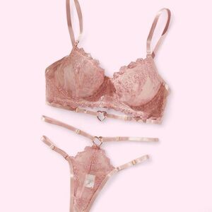 Blush Pink Lace Heart-Trim Bra & Strappy Thong Set